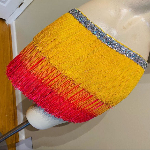 Latin Ombré Yellow & Hot Pink Sequin Tassel Skirt Hip Belt Mini Skirt Tie Up - Picture 6 of 6